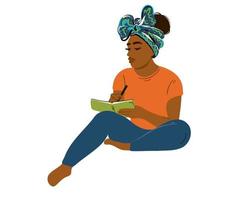 joven y contento africano americano mujer sentado y haciendo notas en un cuaderno. de emprendedor estudiante escribe diario entradas por mano. formación y trabajo vector