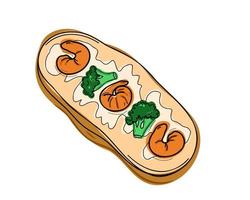 Japanese bruschetta with broccoli and shrimp. Doodle style or hand drawing. vector