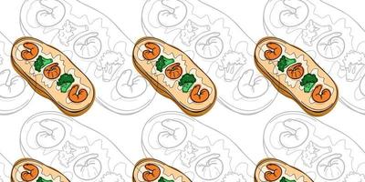 Seamless pattern with Japanese bruschetta with broccoli and shrimp vector