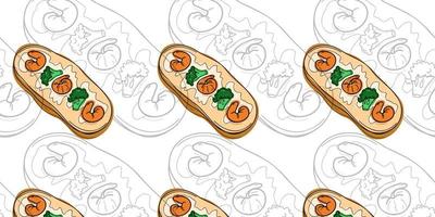 Seamless pattern with Japanese bruschetta with broccoli and shrimp vector