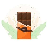 chocolate bar in cartoon style among flowers. concept of advertising, web design, application. vector