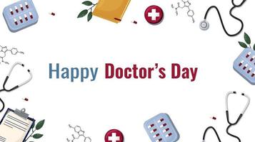 doctor's day. banner template, postcard, pills, formulas, doctors. vector, flat, cartoon style vector