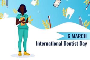 World Dentist Day. Concept illustration Cartoon Doctor in uniform next to a clean tooth. Banner template. Vector. flat style vector