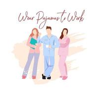 vestir pijama a trabajo día. oficina trabajadores en bueno humor. abril evento. vector ilustración. hombre y dos mujer en pijama yendo a trabajar.