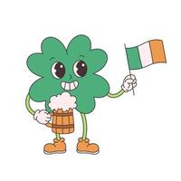 Trendy retro cartoon character four leaf clover. Happy Saint Patricks Day. Clover with Ireland flag and beer. Groovy style, vintage, 70s 60s aesthetics vector