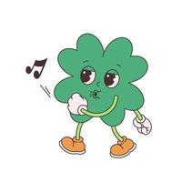 Trendy retro cartoon character clover with four leaf. Happy Saint Patrick's Day. Groovy style, vintage, 70s 60s aesthetics. vector