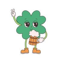 Trendy retro cartoon character four leaf clover with beer mug. Happy Saint Patricks Day. Groovy style, vintage, 70s 60s aesthetics vector
