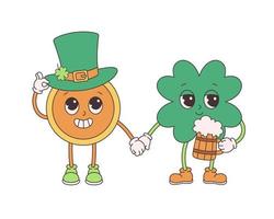 Trendy retro cartoon character gold coin and clover with four leaf. Happy Saint Patricks Day. Groovy style, vintage, 70s 60s aesthetics vector