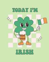 Trendy retro cartoon character four leaf clover. Happy Saint Patricks Day. Clover with Ireland flag and beer. Groovy style, vintage, 70s 60s aesthetics vector