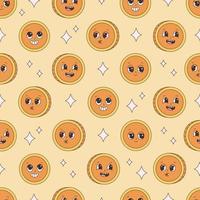 Seamless pattern with gold coin character. Groovy style, retro, vintage, 70s 60s aesthetics. vector