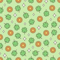 Saint Patrick's Day seamless pattern. Clover with four leaf, gold coins, shamrock. Flat, hand drawn texture for wallpaper, textile, fabric, paper vector