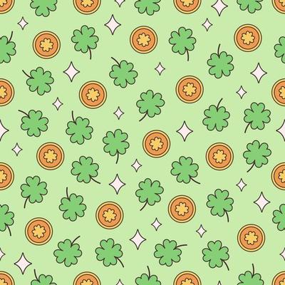 Saint Patrick's Day seamless pattern. Clover with four leaf, gold coins, shamrock. Flat, hand drawn texture for wallpaper, textile, fabric, paper