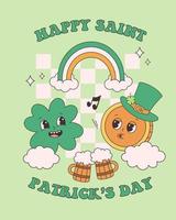 Trendy retro cartoon characters Clover with four leaf and Gold Coin. Happy Saint Patricks Day greeting card. Groovy style, vintage, 70s 60s aesthetics vector