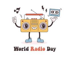 Trendy retro cartoon Radio character. Cassette player. World Radio Day. Groovy style, vintage, 80s, 90s aesthetics. vector