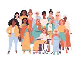 Crowd of woman of different races, nationalities, ages, body types. Woman with physical disability. International Women's Day. Social diversity of people in modern society vector