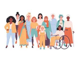 Crowd of women of different races, nationalities, ages, body types. International Women's Day. Social diversity of people in modern society. vector