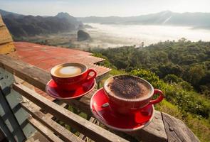 Bebiendo café y viendo el espectacular paisaje de phu pulmón ka bosque parque en Phayao provincia de tailandia foto