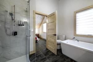 invierno cabañas en remoto zona quebec, Canadá, Iniciar sesión casa con sauna, spa, dormitorios, piscina, vivo habitación, mesanina, cocina y baños foto