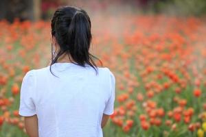 asiático mujer de viaje y teniendo divertido en un flor campo ese tiene estado plantado para turistas a visitar y tomar fotos en el flor jardín en invierno en chiang mai dónde el flores son en lleno floración.