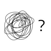Round scrawl tangle with question mark. Abstract scribble confusion vector illustration. Hand drawn sketch doodle style. Concept of doubt and problem solution.