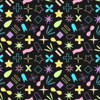 Multicolored abstract geometric seamless pattern on dark background. Vector illustration of icons and symbols. Simple shapes.