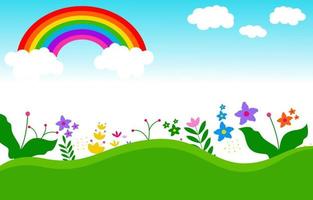 Empty kindergarten room with flower, cloud and rainbow in the sky background vector