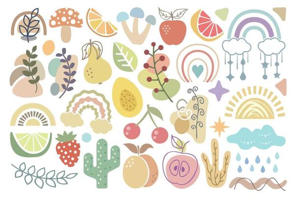 Boho design elements set. Collection of abstract, pastel colored plants, fruits, mushrooms, rainbows, shapes. Abstract bohemian flat designs.