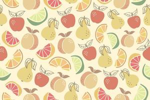 Seamless pattern with fruits. Abstract flat Boho pattern with lime, lemon, orange, apple, peach and pear. Seamless, repeating pattern design. vector