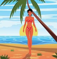 vector ilustración verano ilustración de un niña en un bikini broncearse y nadando en el mar palma arboles arena apuntalar
