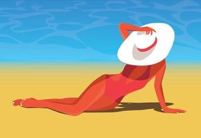 Vector illustration of a tourist girl in a hat and bikini sunbathes on the ocean beach on vacation