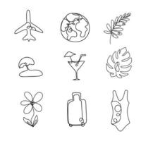 Vector single line icons tourism plane planet earth botany leaves swimsuit suitcase cocktail suitable for social media