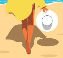 Vector illustration girl tourist on vacation goes along the beach on the sand hat in hand to the sea to swim