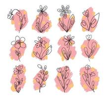 Wildflowers vector icon set continuous line drawing stable line editable cell line icon, logo, label on pink background