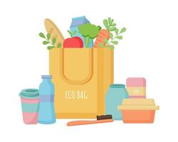 Eco bag with natural food and zero waste lifestyle elements vector