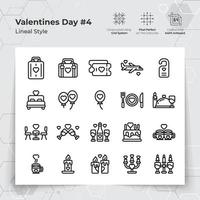 Valentine's day icons set in black line style with holiday travelling and dinner themed. A Collection of love and romance vector symbols for Valentine's Day celebration.