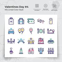 Valentine's day icons set in line color fill style with holiday travelling and dinner themed. A Collection of love and romance vector symbols for Valentine's Day celebration.