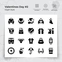 Valentine's day icon set in glyph black fill style with gifts and fall in love themed. A Collection of love and romance vector symbols for Valentine's Day celebration.