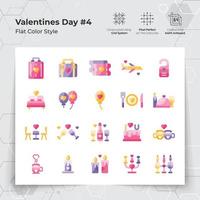 Valentine's day icons set in flat color style with holiday travelling and dinner themed. A Collection of love and romance vector symbols for Valentine's Day celebration.