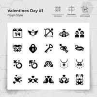 San Valentín día icono conjunto en glifo negro llenar estilo con un amor y corazón tema. un colección de amor y romance vector símbolos para San Valentín día celebracion.