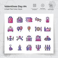 Valentine's day icons set in line flat color style with holiday travelling and dinner themed. A Collection of love and romance vector symbols for Valentine's Day celebration.