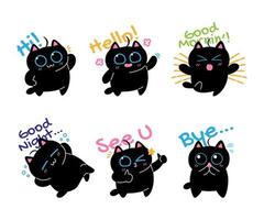Kawaii Blue-Eyed Black Cat Greetings Chat Stickers Pack
