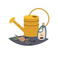 Spring composition with garden watering can, onion flower, fertilizer. Watering can for watering plants in the soil. Agronomy infographic template design. Flat design vector illustration.