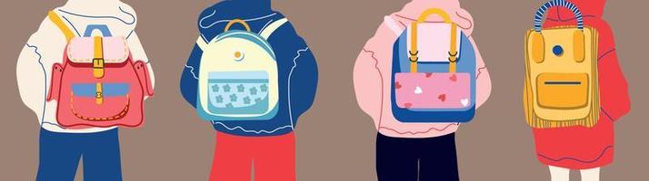 People in oversized clothes stand with colorful backpacks. Back view. Back to school, college, education, learning concept. Set of four vector illustrations