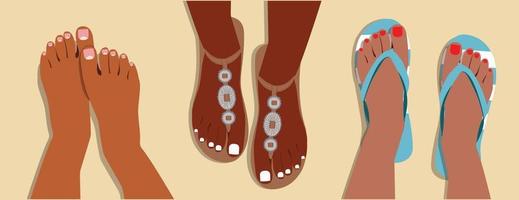 Woman feet with pedicure nails. Abstract female feet with bright nails, hand drawn leg fingers with pedicure. Vector set