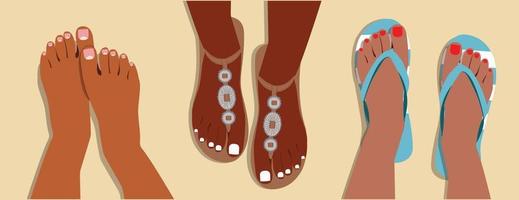 mujer pies con pedicure clavos. resumen hembra pies con brillante clavos, mano dibujado pierna dedos con pedicure. vector conjunto