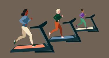 Different women jogging, jogging on a treadmill. Flat vector stock illustration. Woman runners isolated. Treadmill in the gym. Inclusive running. Different ethnic group. Vector graphics