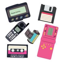 Set of vintage 90s technique on a white background. Audio cassette, pager, mobile phone, game Tetris, floppy disk, film. Vector illustration