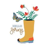 Hola primavera. linda caucho botas con flor plantas y mariposa. mano dibujado primavera imprimir, tarjeta postal, póster. escrito texto, letras vector