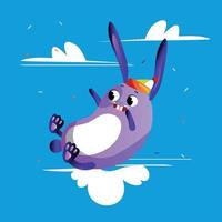 A cute cartoon rabbit in a Santa hat lies on a cloud. Winter vector illustration with an animal on a blue background.