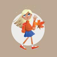 A girl with a backpack carries a leaf. Autumn illustration. School girl. vector